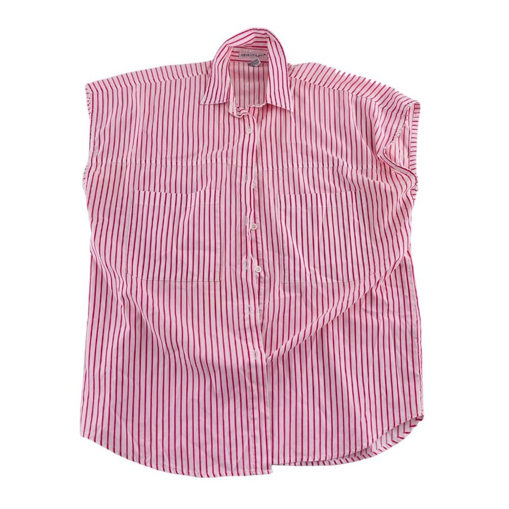 Optimum Women's Pink & White Striped Button-Down Shirt Medium Sleeveless Vintage